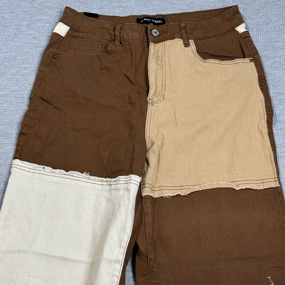 Almost Famous Womens Brown Tan Patchwork Denim Jeans Raw Edge High Rise Size 11 - Picture 4 of 14